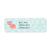Cute Pink Pig; Blauwgroen Damask Etiket (Voorkant)