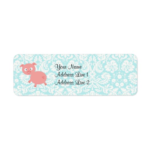 Cute Pink Pig; Blauwgroen Damask Etiket (Voorkant)