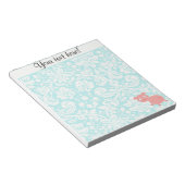 Cute Pink Pig; Blauwgroen Damask Notitieblok (Schuin)