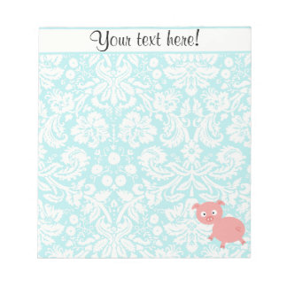 Cute Pink Pig; Blauwgroen Damask Notitieblok