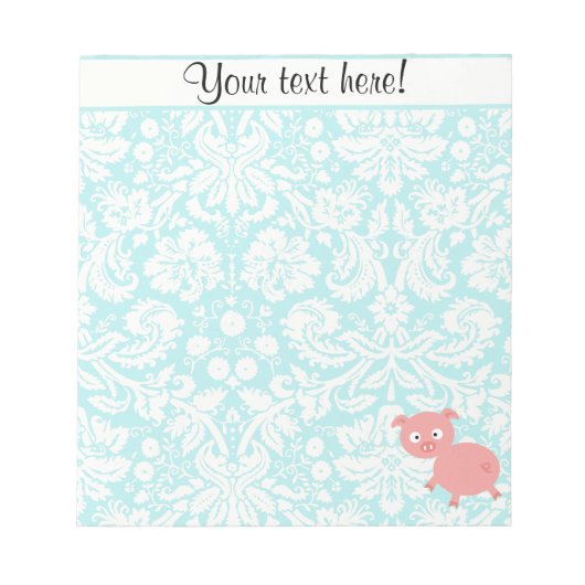 Cute Pink Pig; Blauwgroen Damask Notitieblok (Voorkant)