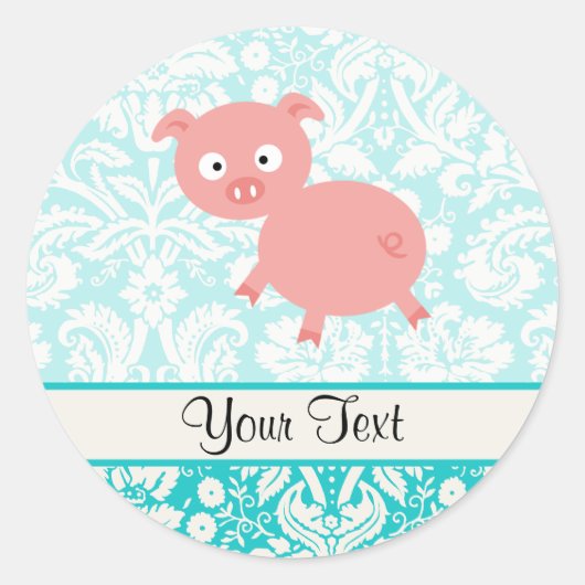 Cute Pink Pig; Blauwgroen Damask Ronde Sticker (Voorkant)