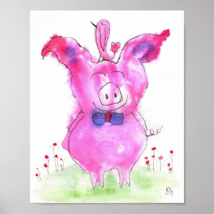 Cute Pink Pig en Bird Poster 8x10"