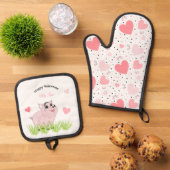 Cute pink pig for Valentine Ovenwant & Pannenlap Set (Top down)