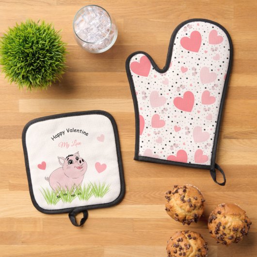 Cute pink pig for Valentine Ovenwant & Pannenlap Set (Top down)