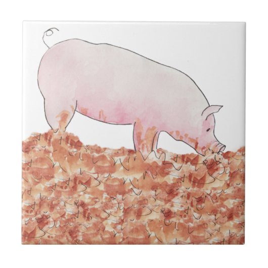 Cute Pink Pig in Mud Funny Waterverf Animal Art Tegeltje (Voorkant)