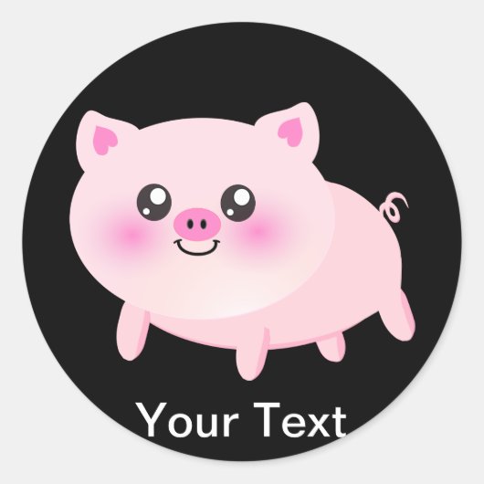 Cute Pink Pig op Black Ronde Sticker (Voorkant)