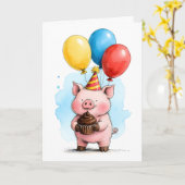 Cute Pink Pig with Cupcake Kid's Happy Birthday Kaart (Gele Bloem)