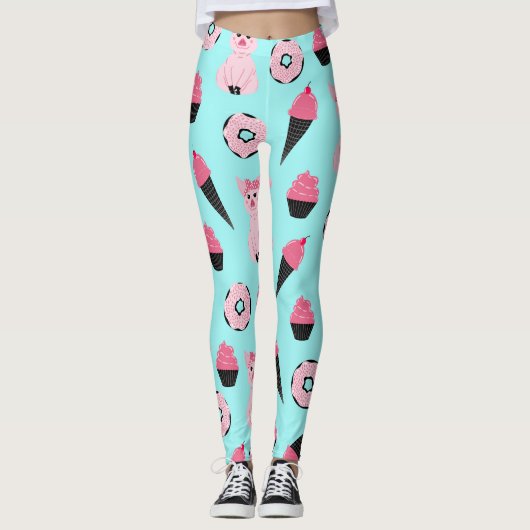 Cute Pink Piggy Donut Ice Cone Patroon Leggings (Voorkant)