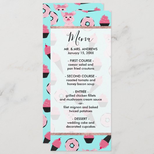 Cute Pink Piggy Donut Ice Cone Patroon Menu (Voorkant / Achterkant)
