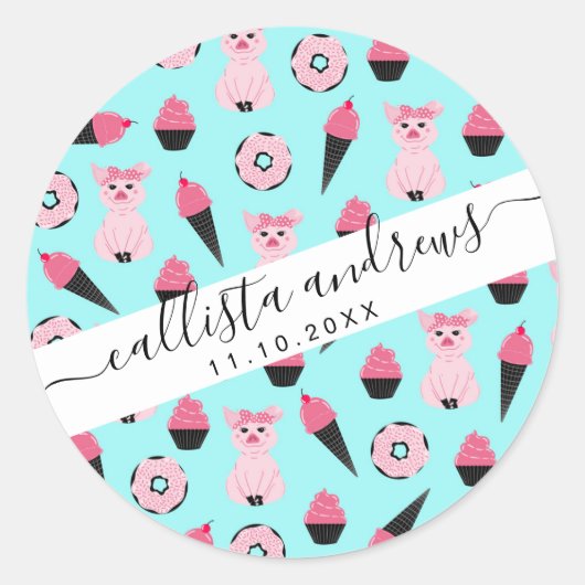 Cute Pink Piggy Donut Ice Cone Patroon Ronde Sticker (Voorkant)