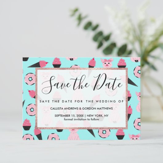 Cute Pink Piggy Donut Ice Cone Patroon Save The Date (Staand voorkant)