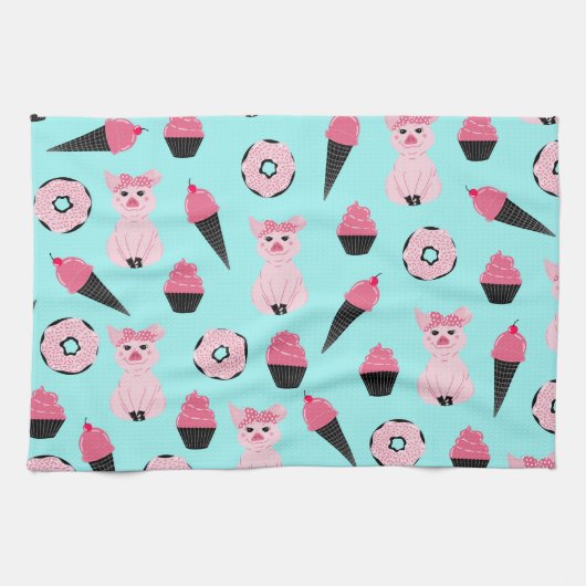 Cute Pink Piggy Donut Ice Cone Patroon Theedoek (Horizontaal)