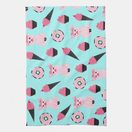 Cute Pink Piggy Donut Ice Cone Patroon Theedoek (Verticaal)