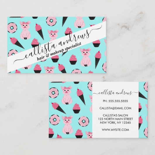 Cute Pink Piggy Donut Ice Cone Patroon Visitekaartje (Voorkant / Achterkant)