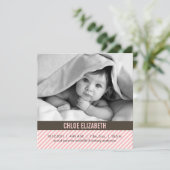Cute Pink Pinstripes Baby Birth Announements Aankondiging (Staand voorkant)