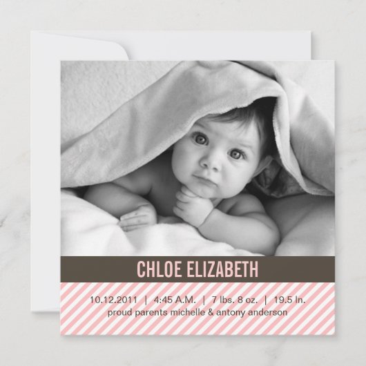 Cute Pink Pinstripes Baby Birth Announements Aankondiging (Voorkant)
