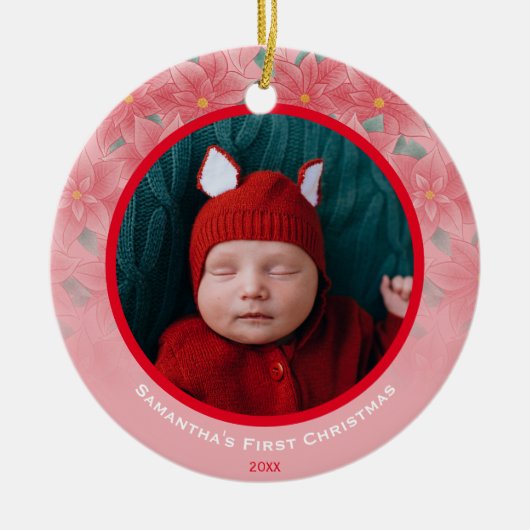 Cute Pink Poinsettia Baby's Eerste Kerstmis Keramisch Ornament (Voorkant)