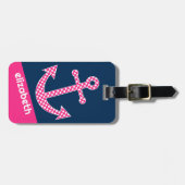 Cute Pink Polka Dot Anchor met Navy Custom Name Bagagelabel (Voorkant horizontaal)
