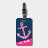 Cute Pink Polka Dot Anchor met Navy Custom Name Bagagelabel (Voorkant verticaal)