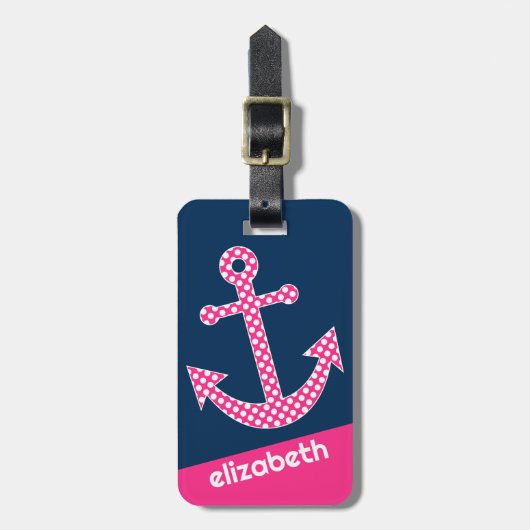 Cute Pink Polka Dot Anchor met Navy Custom Name Bagagelabel (Voorkant verticaal)