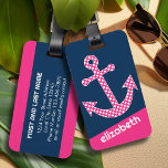 Cute Pink Polka Dot Anchor met Navy Custom Name Bagagelabel<br><div class="desc">Een trendy en elegant ontwerp met stippen en preppy kleuren plus een gebied om jouw naam of monogram toe te voegen.</div>