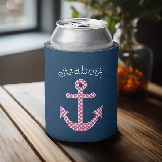 Cute Pink Polka Dot Anchor met Navy Custom Name Blikjeskoeler