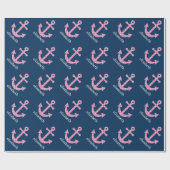 Cute Pink Polka Dot Anchor met Navy Custom Name Cadeaupapier (Vlak)