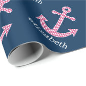 Cute Pink Polka Dot Anchor met Navy Custom Name Cadeaupapier (Rol Hoek)