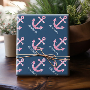 Cute Pink Polka Dot Anchor met Navy Custom Name Cadeaupapier