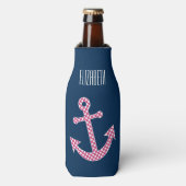 Cute Pink Polka Dot Anchor met Navy Custom Name Flesjeskoeler (Fles Voorkant)