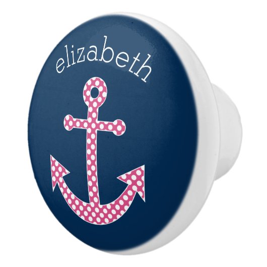 Cute Pink Polka Dot Anchor met Navy Custom Name Keramische Knop (Rechts)