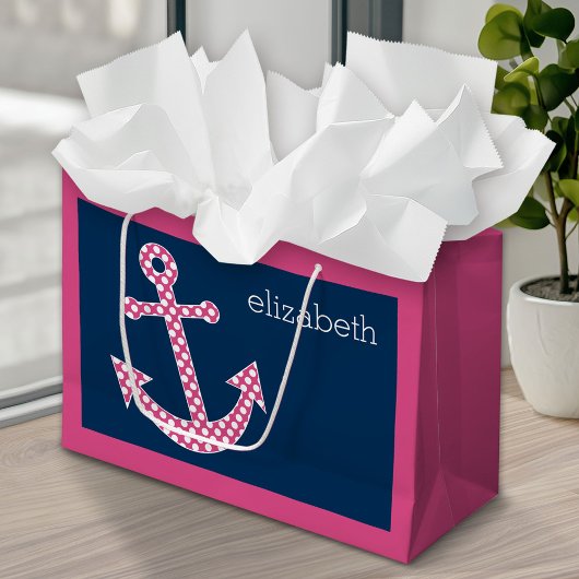 Cute Pink Polka Dot Anchor met Navy Custom Name Large Cadeautasje