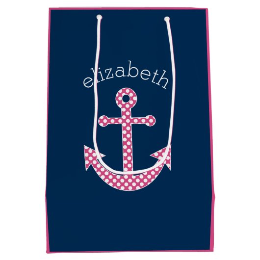 Cute Pink Polka Dot Anchor met Navy Custom Name Medium Cadeauzakje (Achterkant)