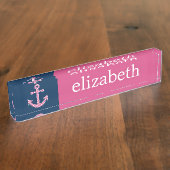 Cute Pink Polka Dot Anchor met Navy Custom Name Naambordje (Zijkant)