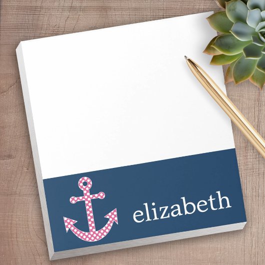 Cute Pink Polka Dot Anchor met Navy Custom Name Notitieblok
