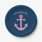 Cute Pink Polka Dot Anchor met Navy Custom Name Papieren Bordje (Voorkant)
