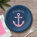 Cute Pink Polka Dot Anchor met Navy Custom Name Papieren Bordje<br><div class="desc">Een trendy en elegant ontwerp met stippen en preppy kleuren plus een gebied om jouw naam of monogram toe te voegen.</div>