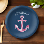 Cute Pink Polka Dot Anchor met Navy Custom Name Papieren Bordje<br><div class="desc">Een trendy en elegant ontwerp met stippen en preppy kleuren plus een gebied om jouw naam of monogram toe te voegen.</div>