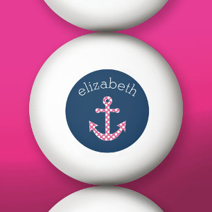 Cute Pink Polka Dot Anchor met Navy Custom Name Pingpongbal