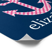Cute Pink Polka Dot Anchor met Navy Custom Name Poster (Hoek)