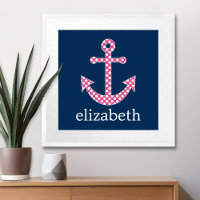 Cute Pink Polka Dot Anchor met Navy Custom Name