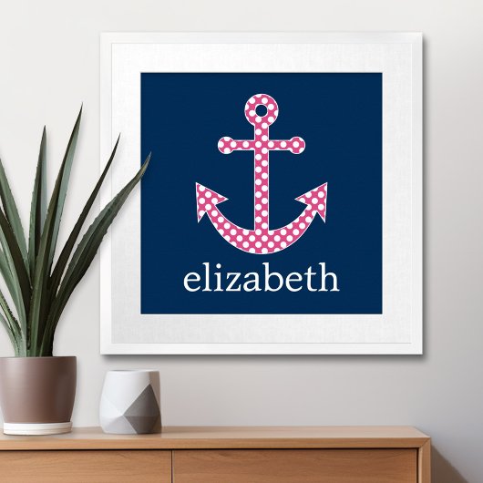 Cute Pink Polka Dot Anchor met Navy Custom Name Poster