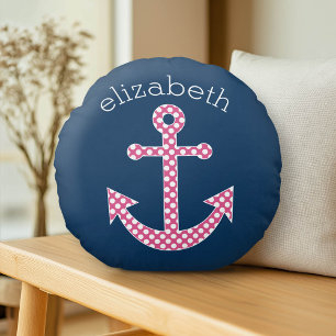 Cute Pink Polka Dot Anchor met Navy Custom Name Rond Kussen