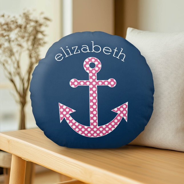 Cute Pink Polka Dot Anchor met Navy Custom Name Rond Kussen (Custom Monogram Pillow)