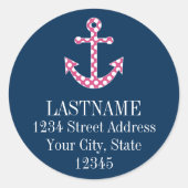 Cute Pink Polka Dot Anchor met Navy Custom Name Ronde Sticker (Voorkant)
