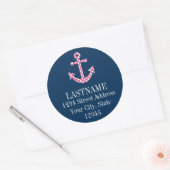 Cute Pink Polka Dot Anchor met Navy Custom Name Ronde Sticker (Envelop)
