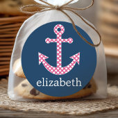 Cute Pink Polka Dot Anchor met Navy Custom Name Ronde Sticker