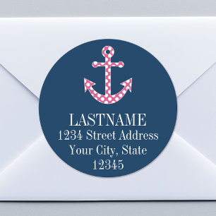 Cute Pink Polka Dot Anchor met Navy Custom Name Ronde Sticker