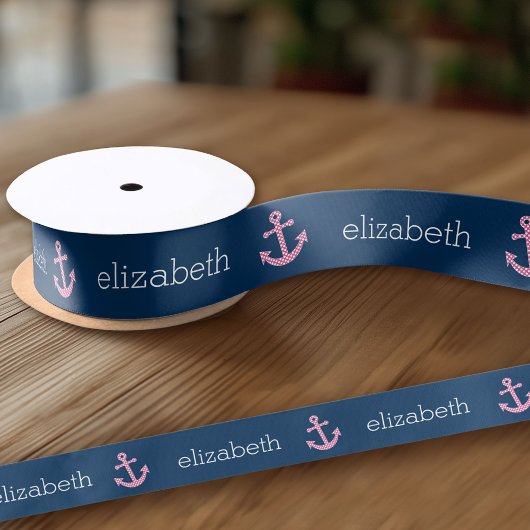 Cute Pink Polka Dot Anchor met Navy Custom Name Satijnen Lint